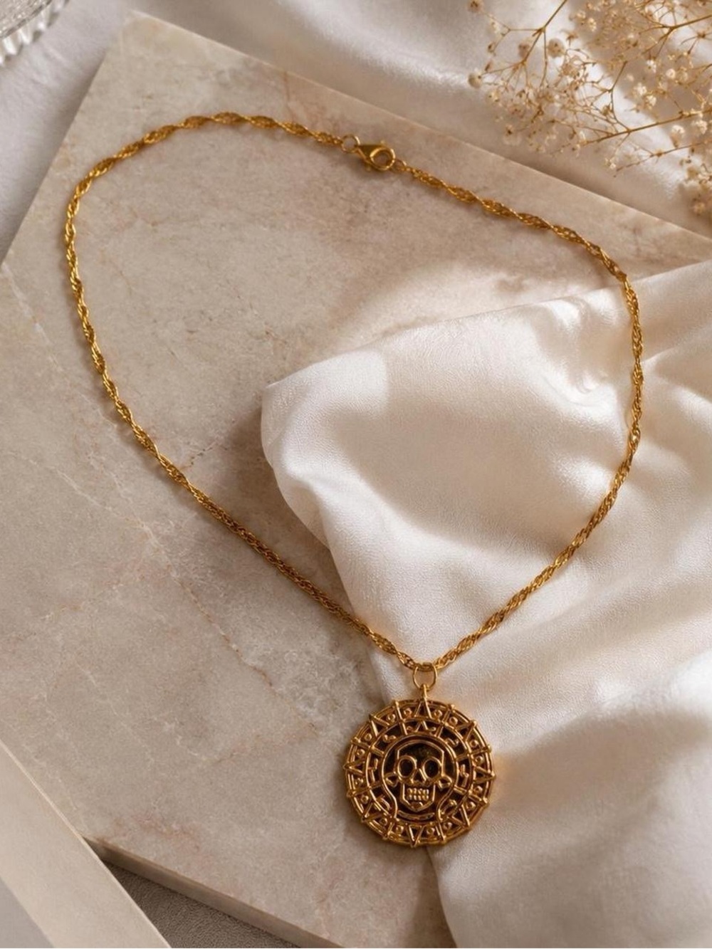 Pirate Themed Gold Skull Medallion Pendant Necklace Vintage Gothic Statement